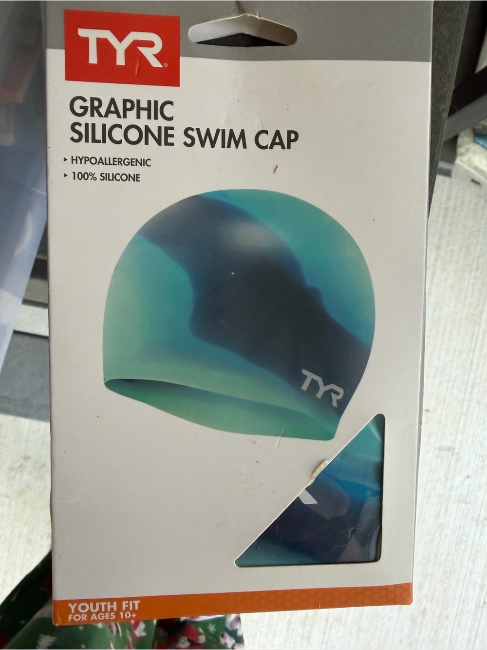 TYR Graphic Silicone Swim Cap - Teal and Dark Blue